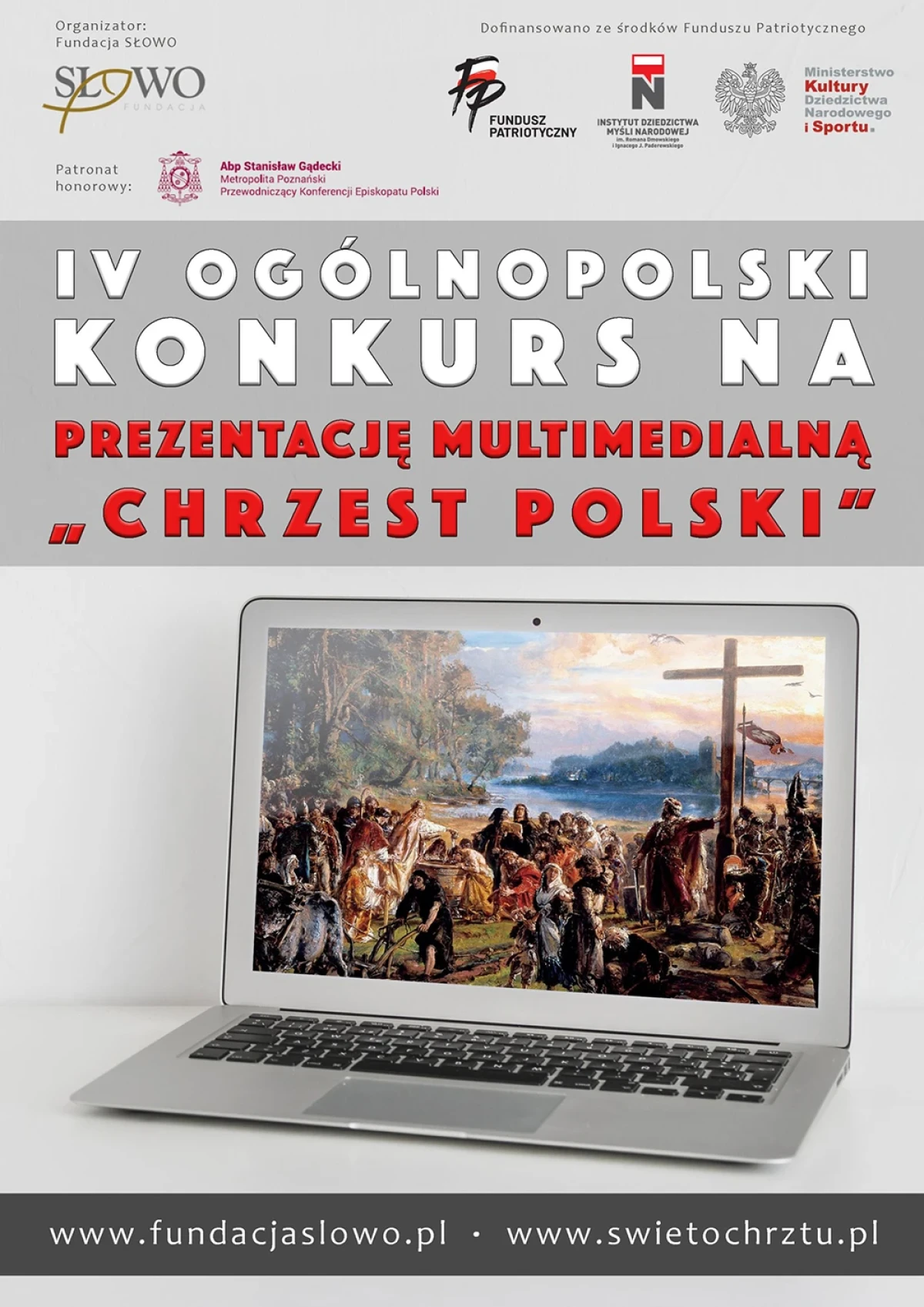 Plakat konkursowy z logotypami organizatorów i treścią zaproszenia na konkurs