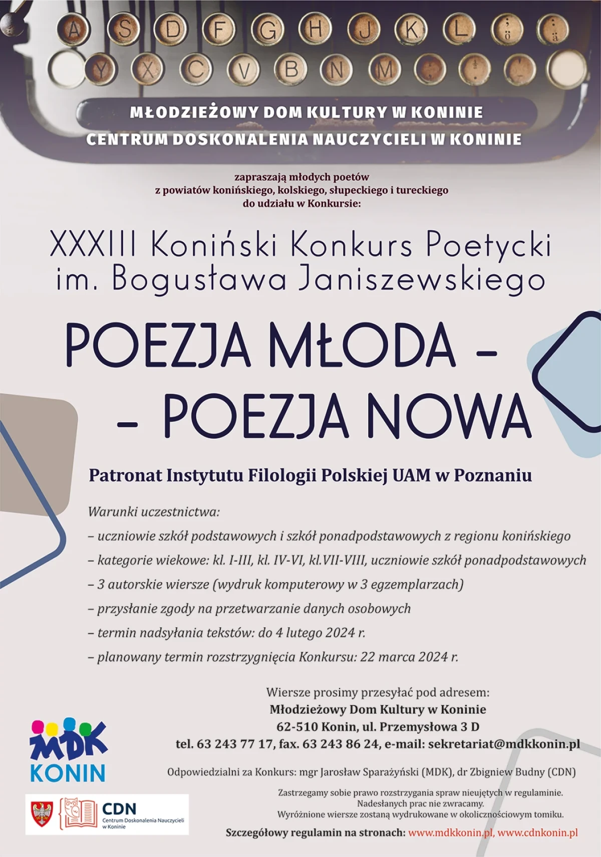 Plakat z tytułem i istotnymi informacjami o konkursie