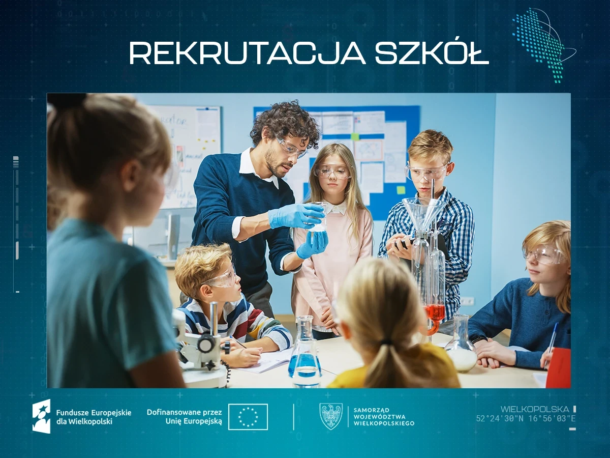 Tytuł projektu na tle grupki uczniów wykonującej doświadczenie (chyba chemiczne). W dole logotypy zainteresowanych instytucji.