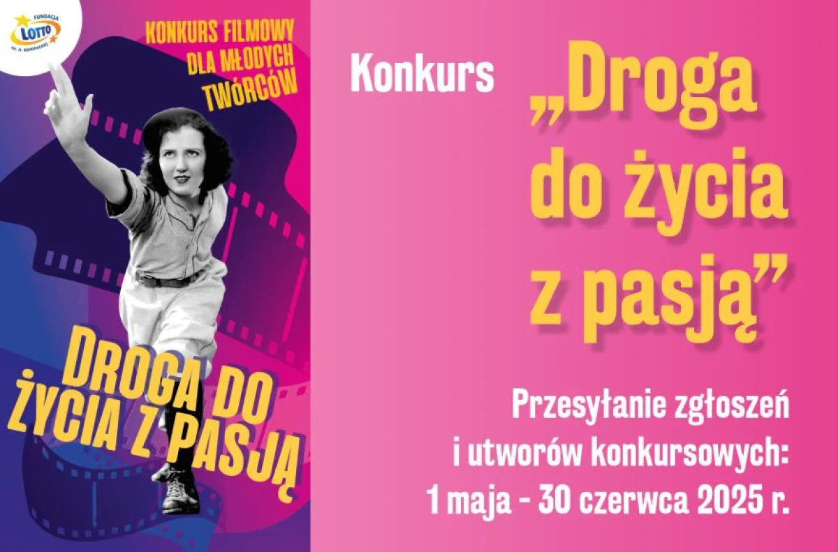 Tytuł konkursu. W tle taśmy filmowe i gwiazda ekranu.